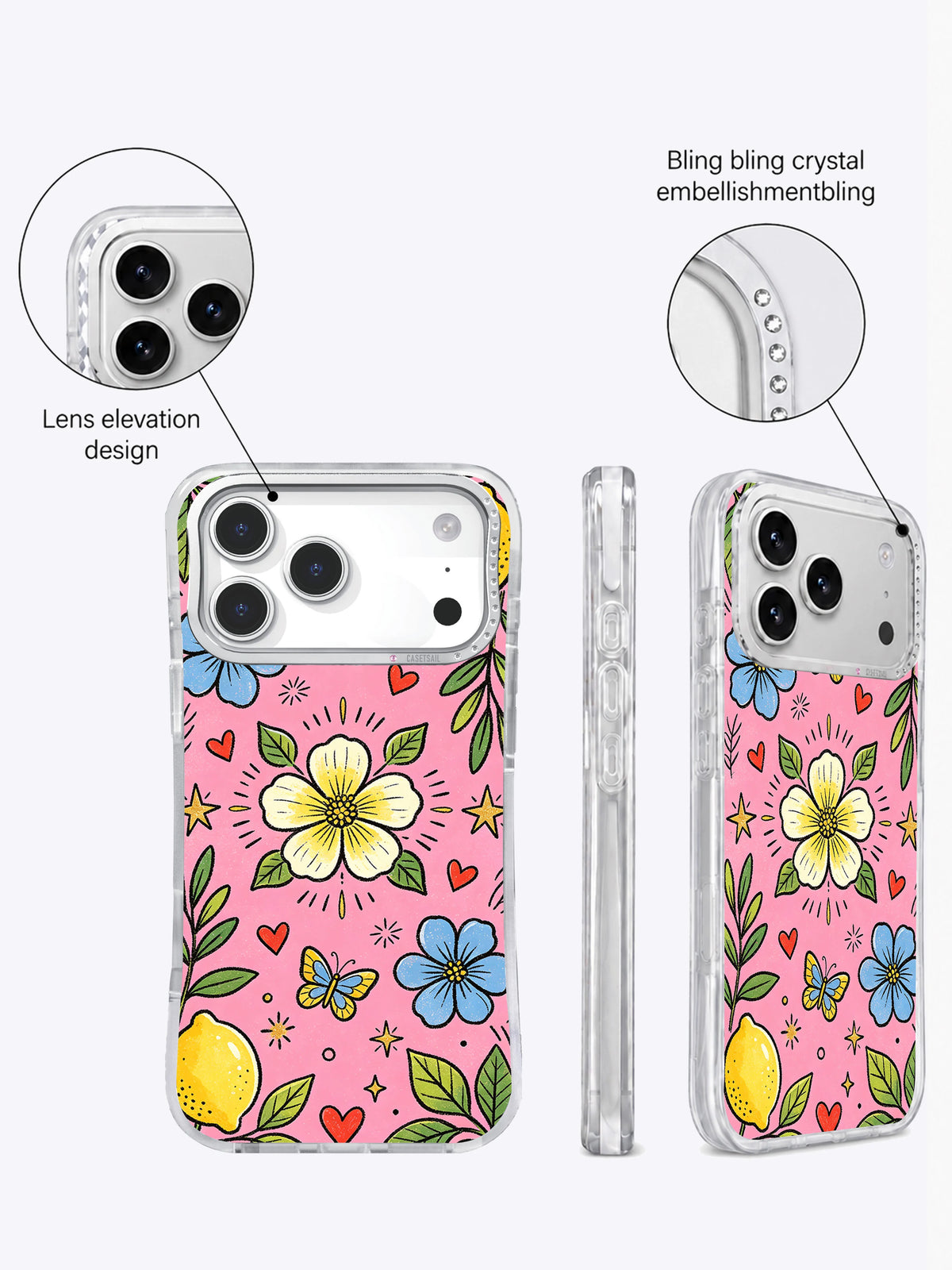 Yellow lemon and blue flower illustration detail on phone case