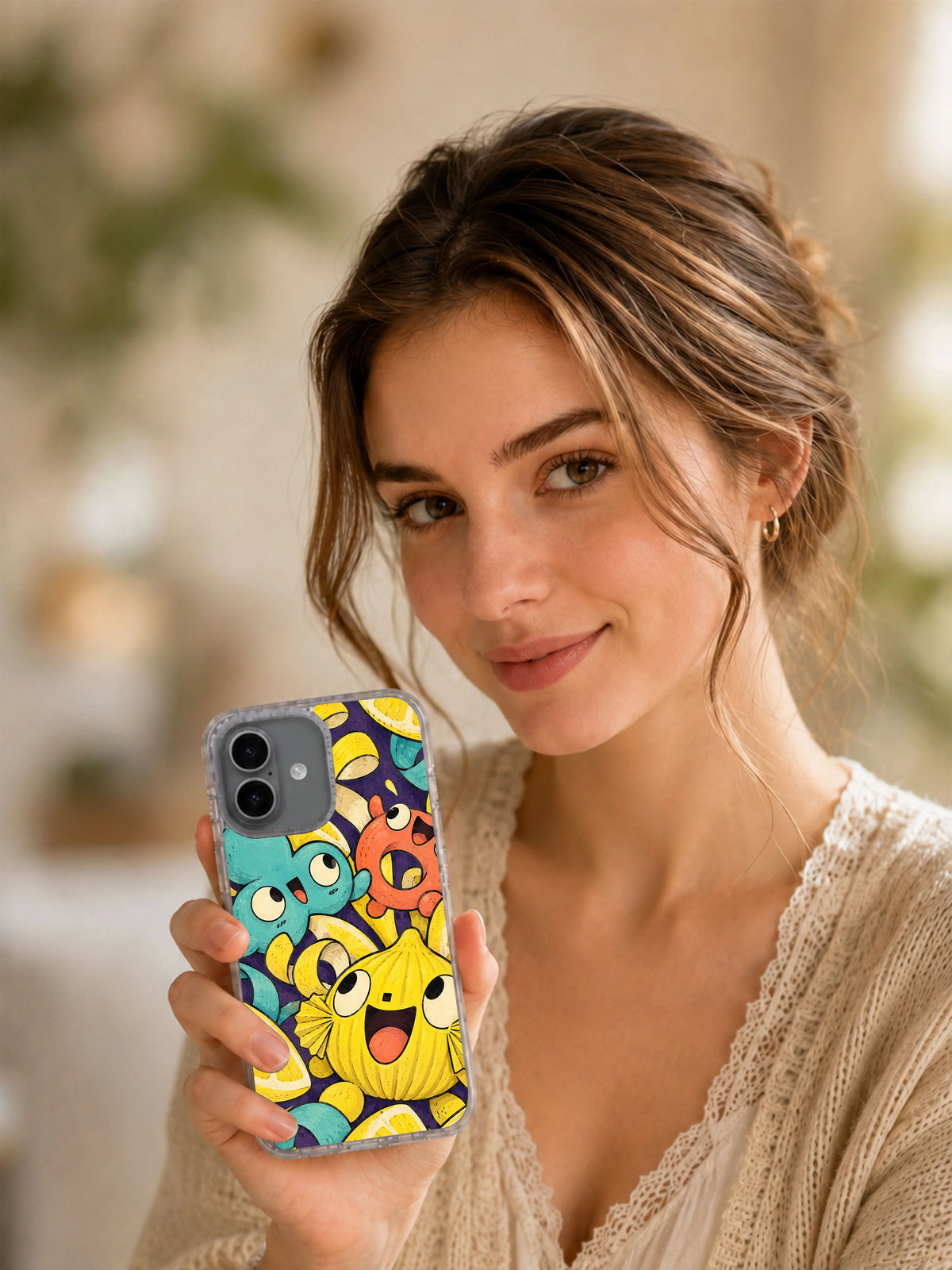 Lifestyle view of a person holding The Lemon Laugh Machine iPhone 17 case