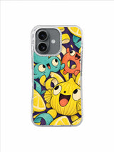 Lemon-yellow laughing character with aqua and coral friends on a deep-violet iPhone 17 case