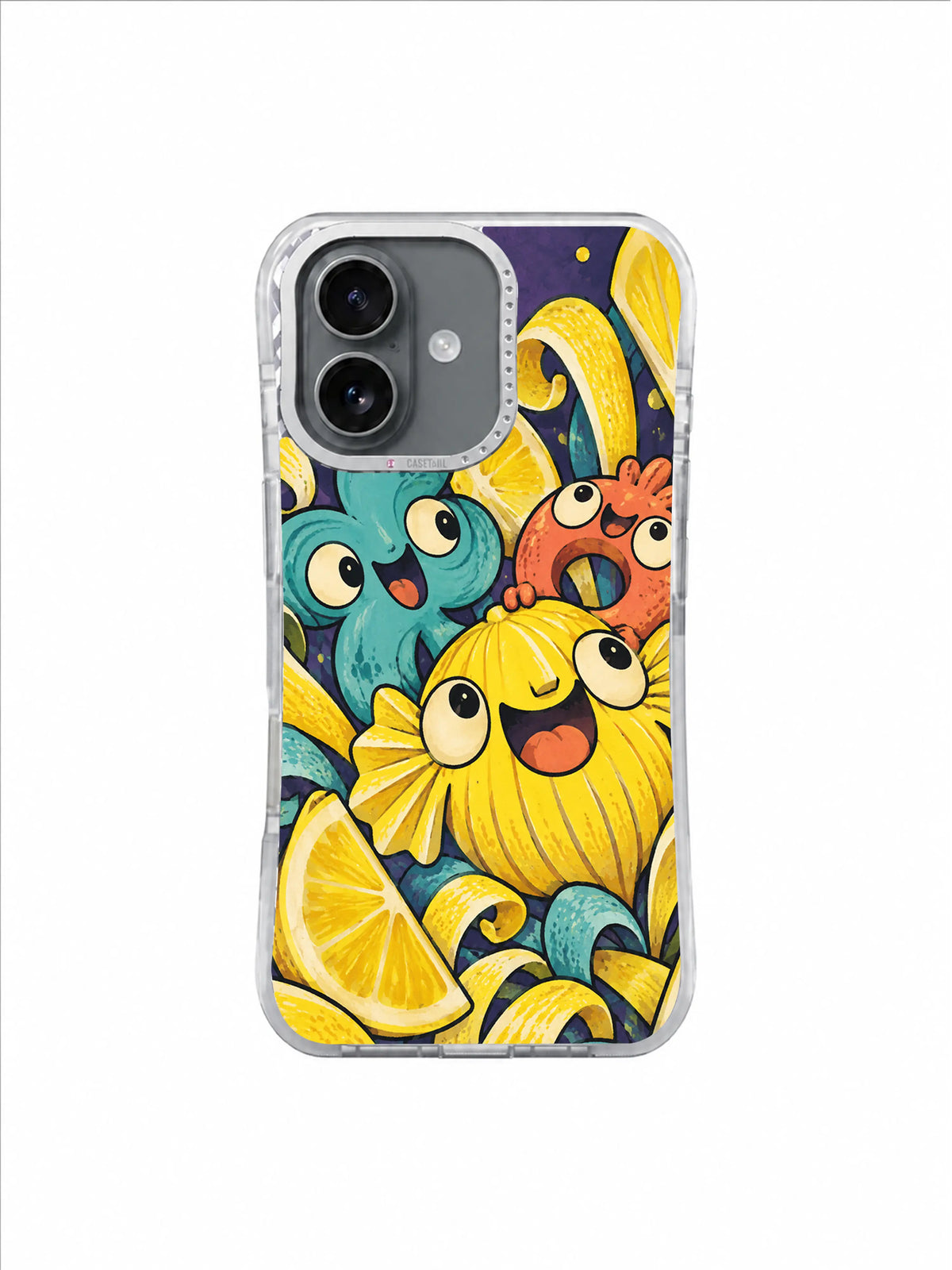 Yellow ribbed lemon character and aqua companion in an off-center radial composition