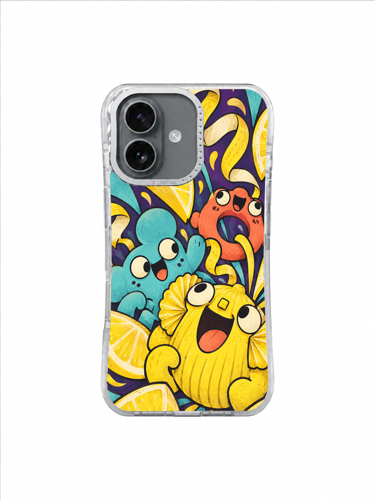 Lemon Laugh Machine artwork with yellow, aqua and coral figures against violet