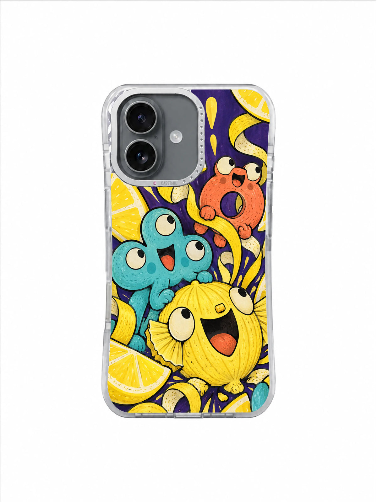 Aqua and lemon-yellow laughing characters framed by citrus wedges and paper coils