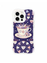 Letter and Saucer Village pattern on a white iPhone 13 Pro case with a floral cup and saucer, cottage, small cups and envelope motifs