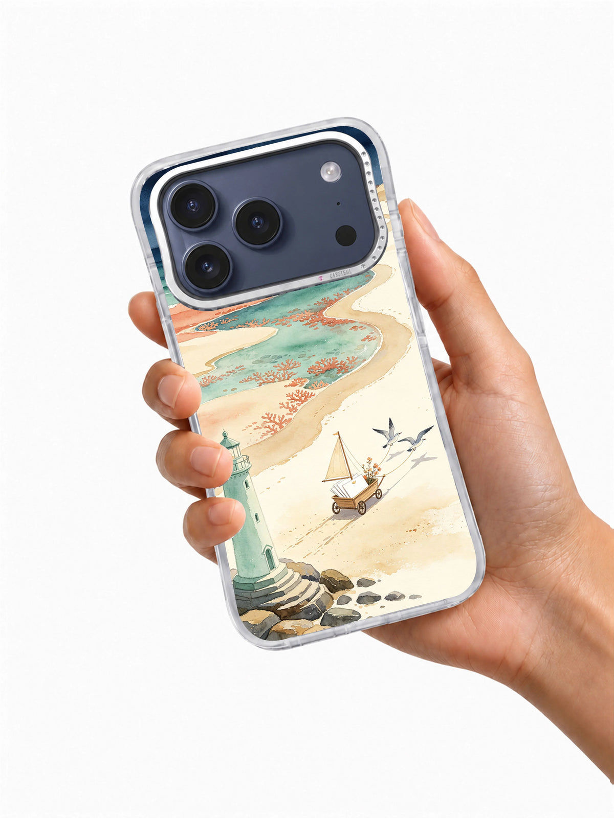 Letters Across the Winter Coast iPhone 17 Pro Max case shown in a hand
