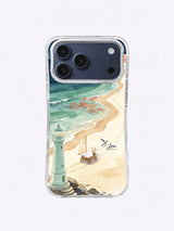 Homeward Winter Bay artwork on an iPhone 17 Pro Max case with a seafoam lighthouse, coral tide pools, and sandy paths