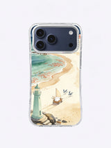Moonlit Letter Sailcart artwork on an iPhone 17 Pro Max case with an ivory crescent, dried flowers, and a quiet bay