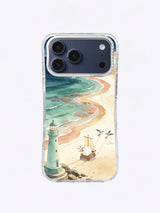 Seafoam Lighthouse Passage artwork on an iPhone 17 Pro Max case with a curved winter shoreline and bird-pulled sail cart