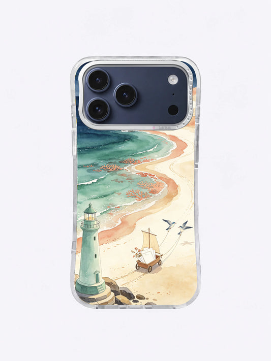 Seafoam Lighthouse Passage artwork on an iPhone 17 Pro Max case with a curved winter shoreline and bird-pulled sail cart
