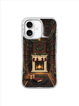 Library After Snowfall phone case with wreath, stockings, fireplace and dark wood shelves