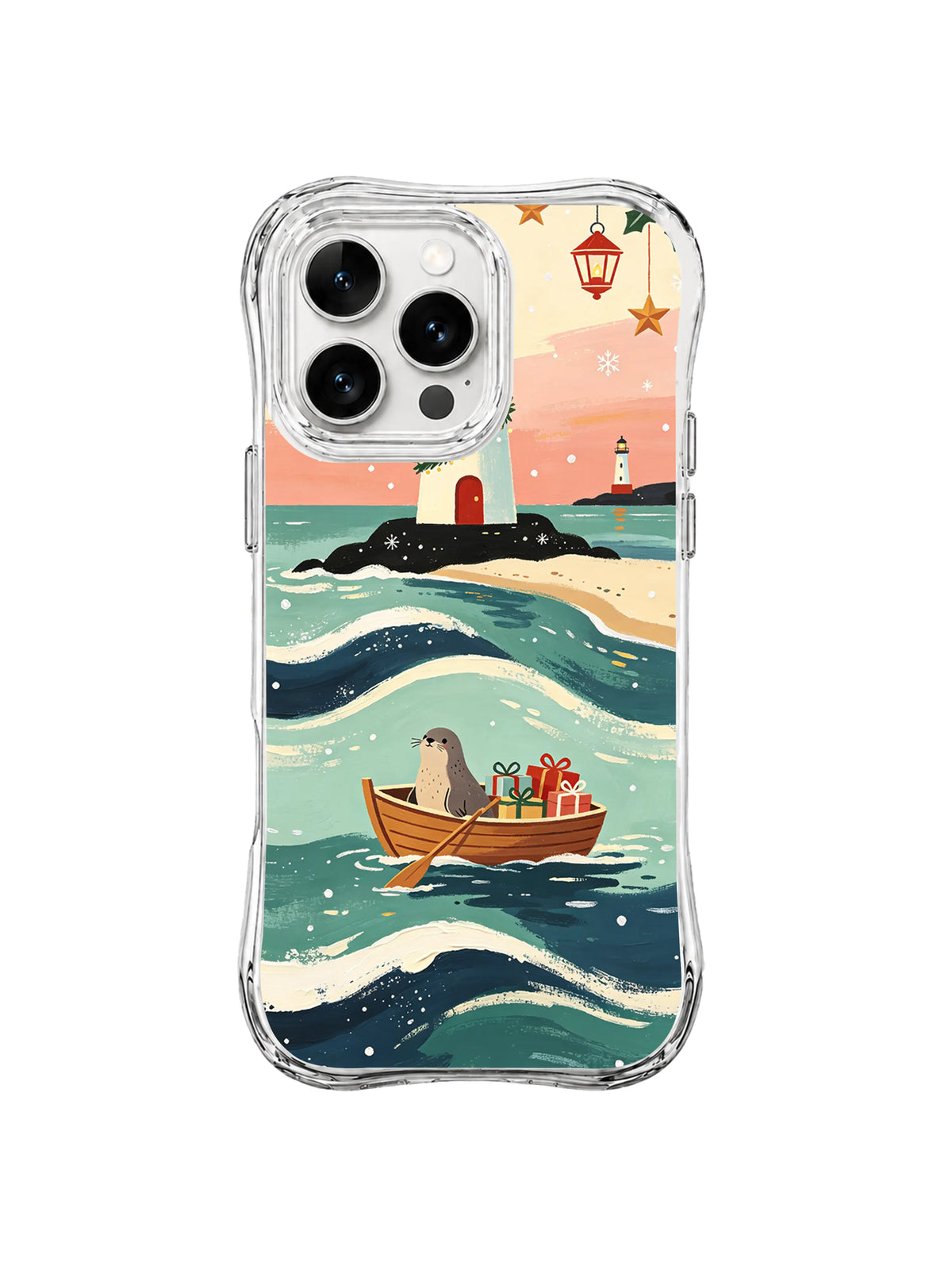 Small seal beside wrapped gifts in a wooden boat with coral sky and twin lighthouses on an iPhone 15 Pro case