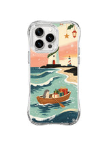 Coastal Christmas seal boat crossing layered turquoise waves near a curving lighthouse shore on an iPhone 15 Pro case