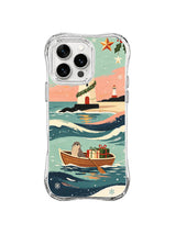Seal gift boat beneath an evergreen garland lighthouse and star lanterns on a clear iPhone 15 Pro case