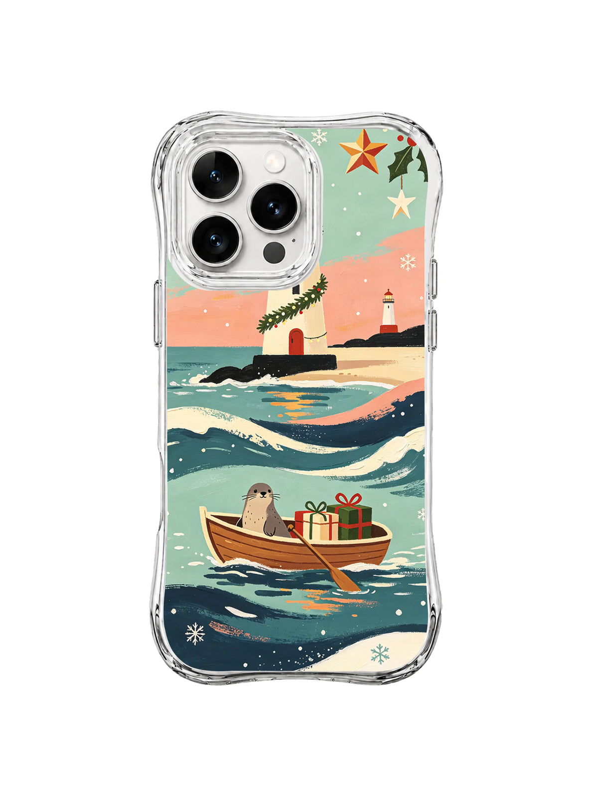 Seal gift boat beneath an evergreen garland lighthouse and star lanterns on a clear iPhone 15 Pro case