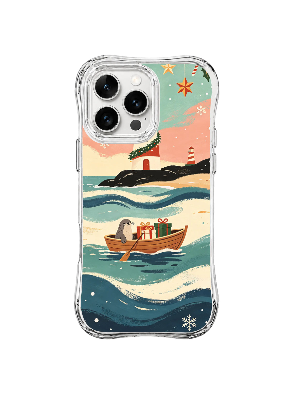Seal carrying holiday gifts across seafoam waves under a starfish sky and garland lighthouse on an iPhone 15 Pro case