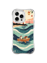Seal guiding a gift boat through teal winter waves toward a lighthouse on a clear iPhone 15 Pro case