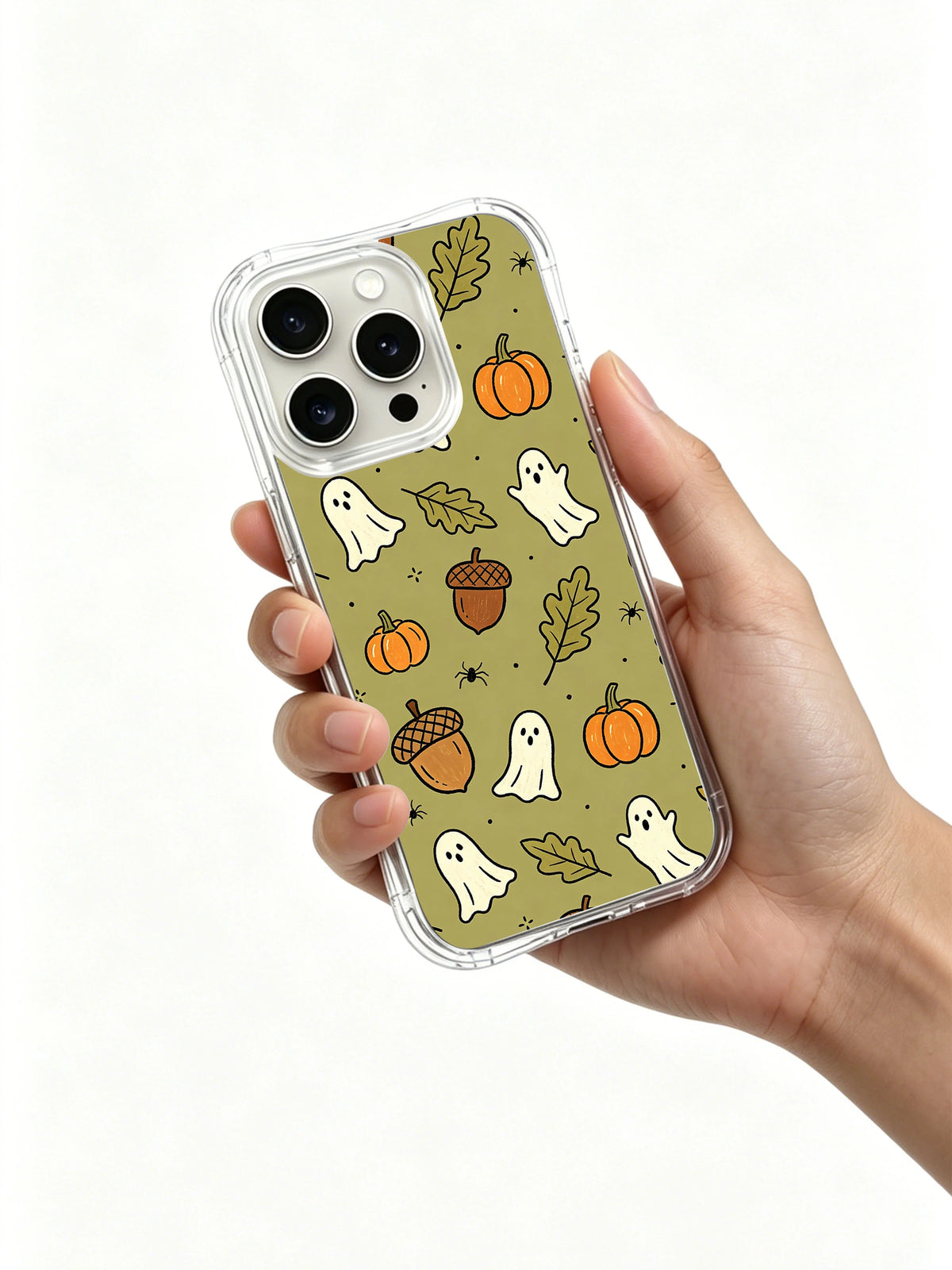 Cute ghost forest iPhone 14 Pro case hand view