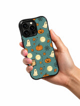 Teal owl pumpkin iPhone 14 Pro case hand view