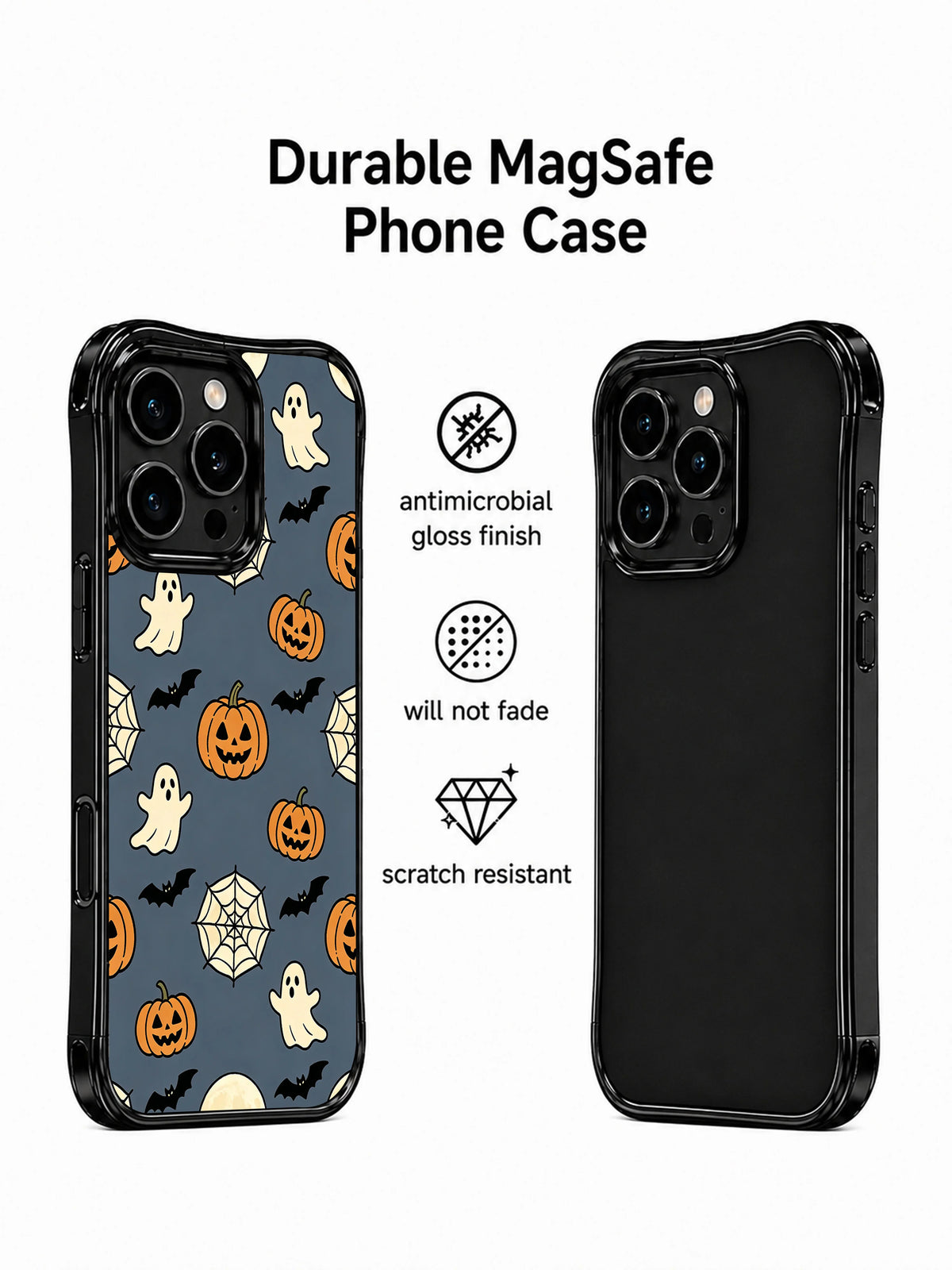 Dusty navy Halloween iPhone 14 Pro case shell details