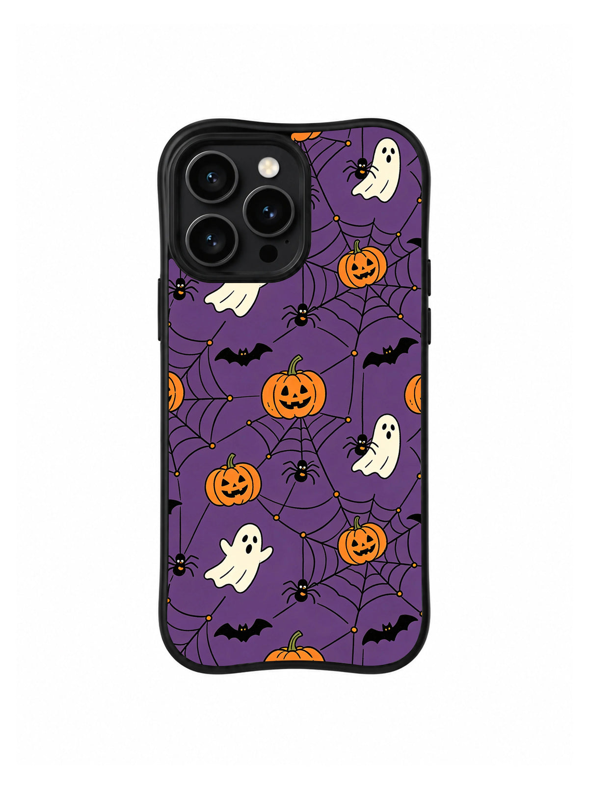 Purple spiderweb pumpkin iPhone 14 Pro case front view