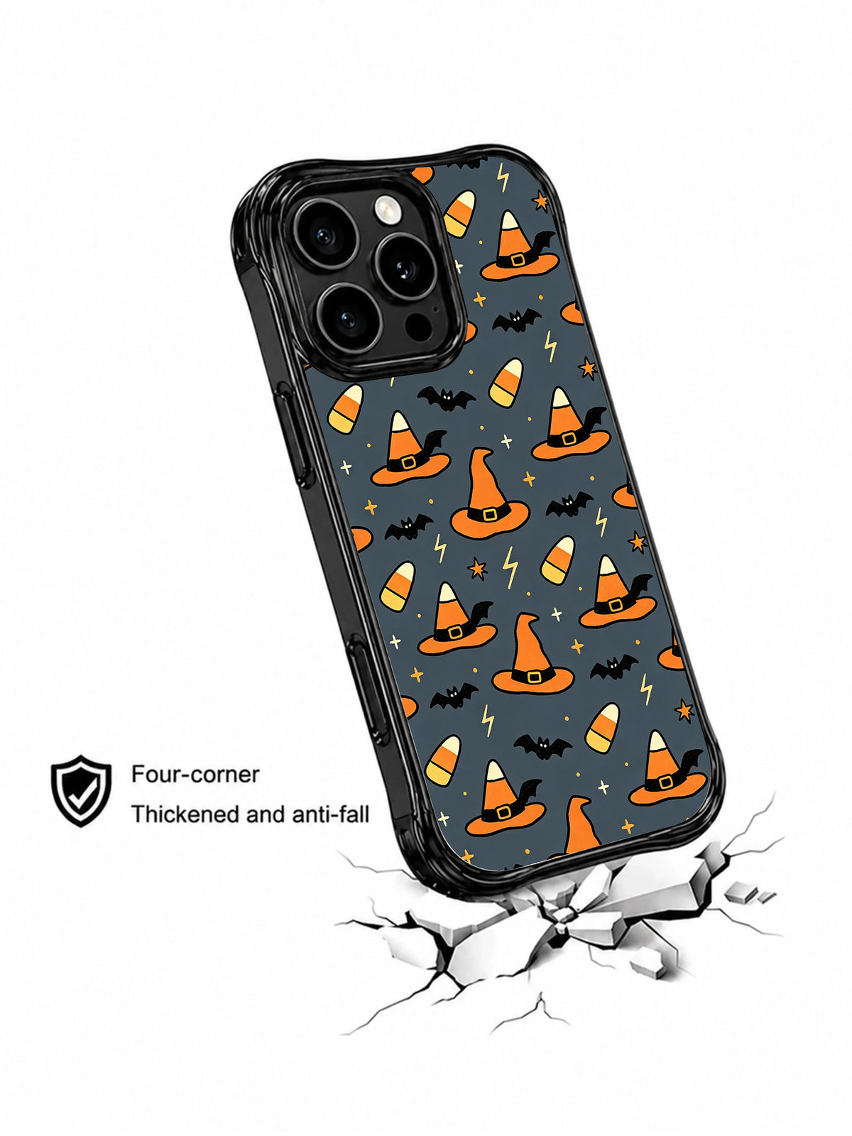 Witch Hat Bat Starry Night: darbe temalı tanıtım çiziminde gösterilen kılıf köşesi.