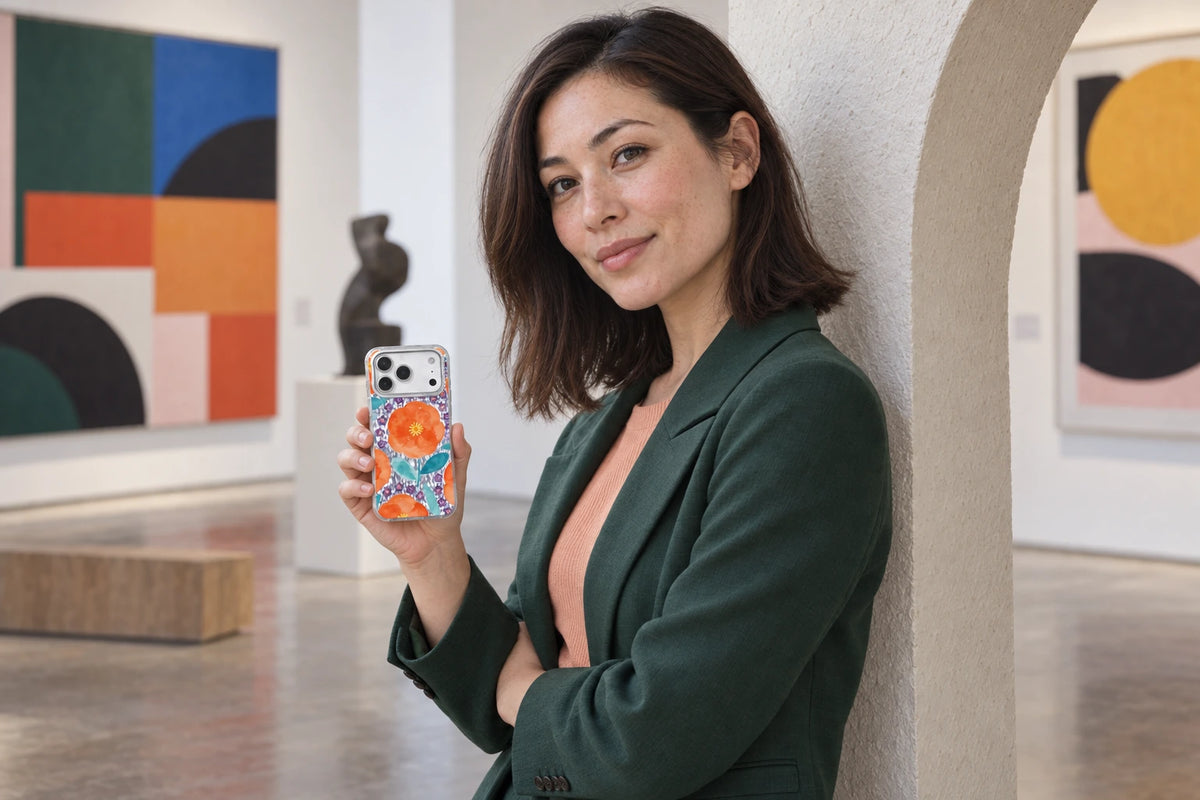Virtual artist Lila Marrow holding a phone case featuring their own illustration, at an art exhibition