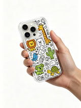 Lion, giraffe and cactus monster gathering artwork on an iPhone 15 Pro case