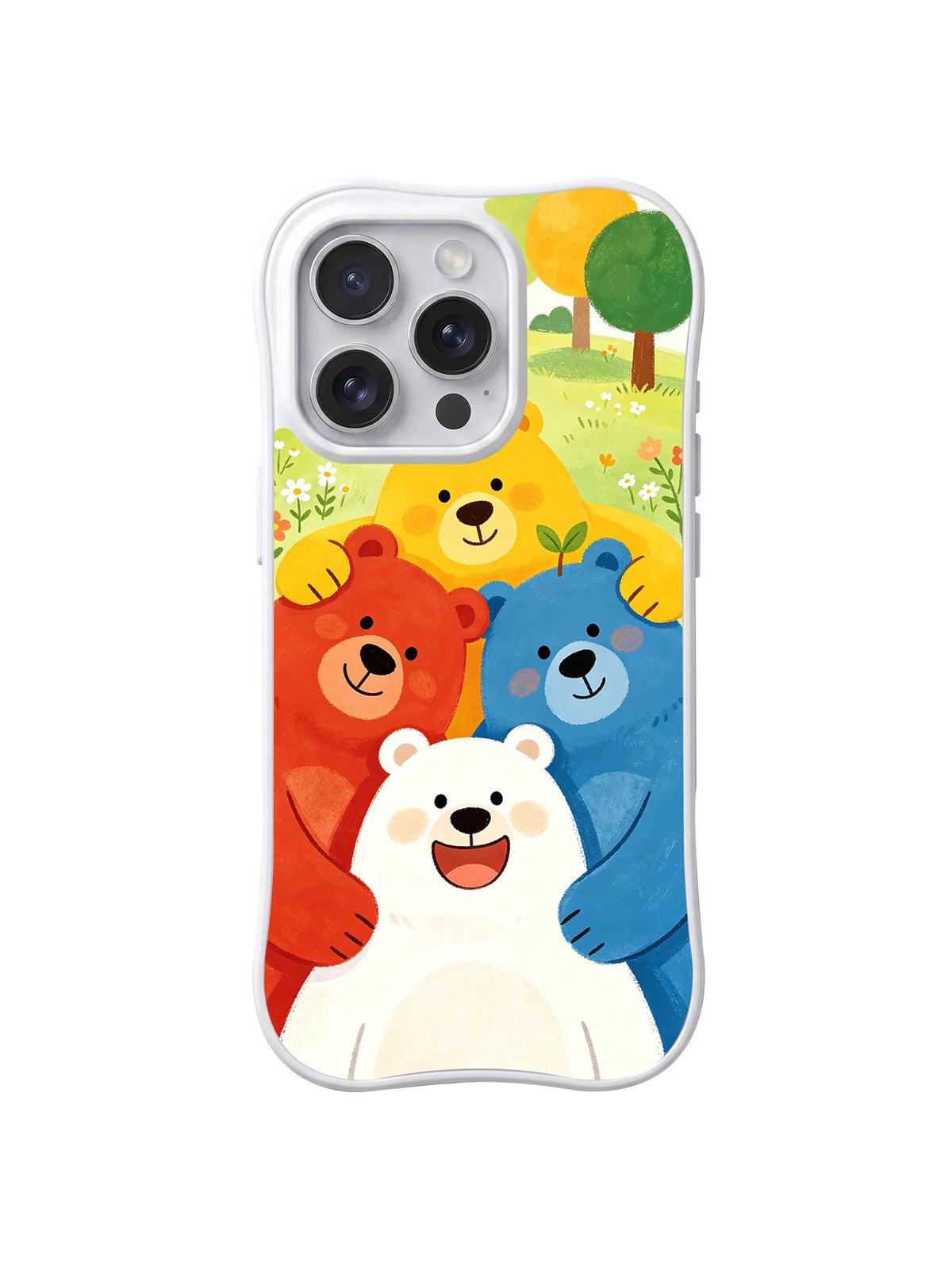 Little Bear Family Garden iPhone 14 Pro Max case in Rainbow Bear Hello artwork
