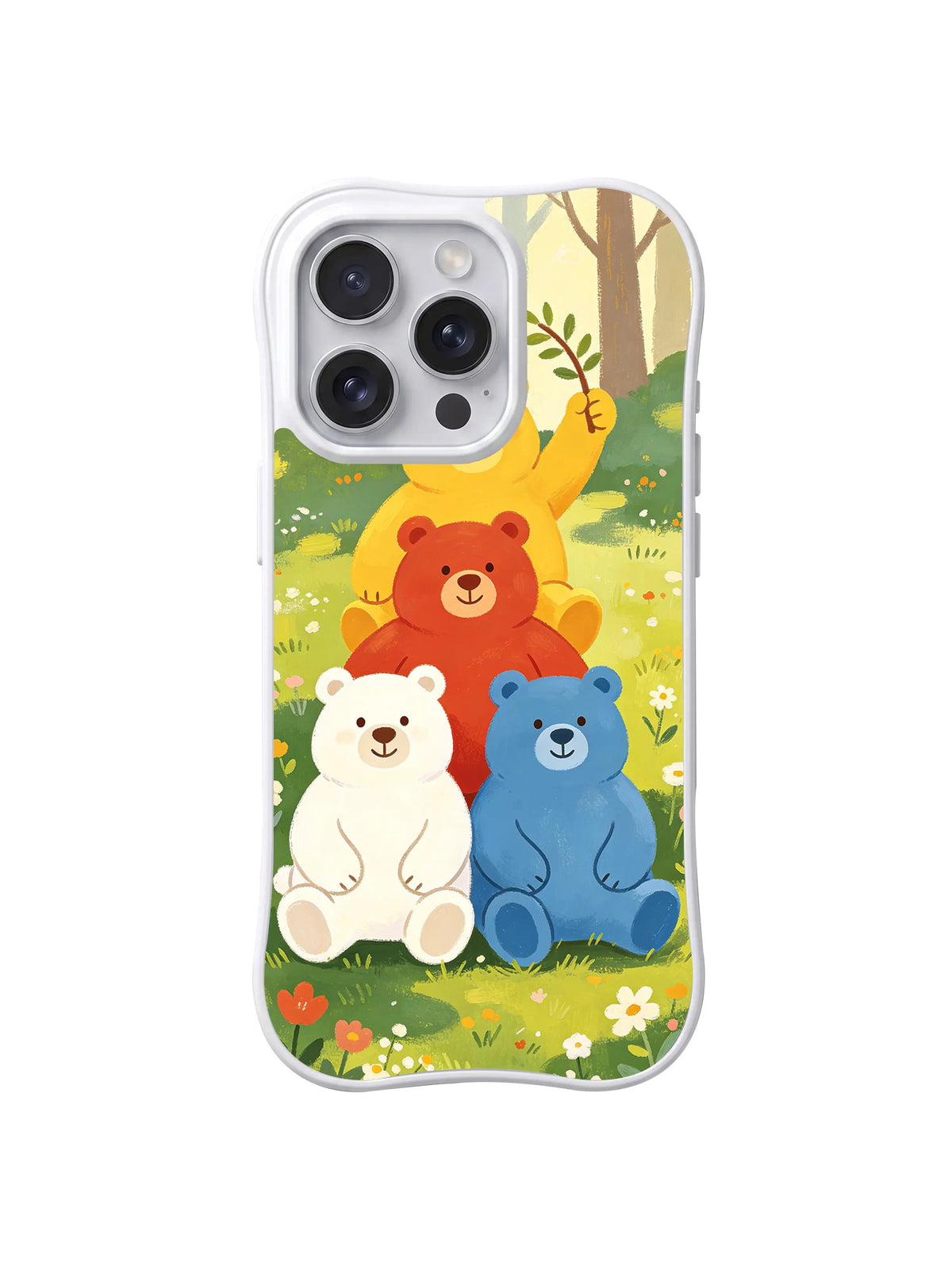 Little Bear Family Garden iPhone 14 Pro Max case in Sunlit Woodland Portrait artwork