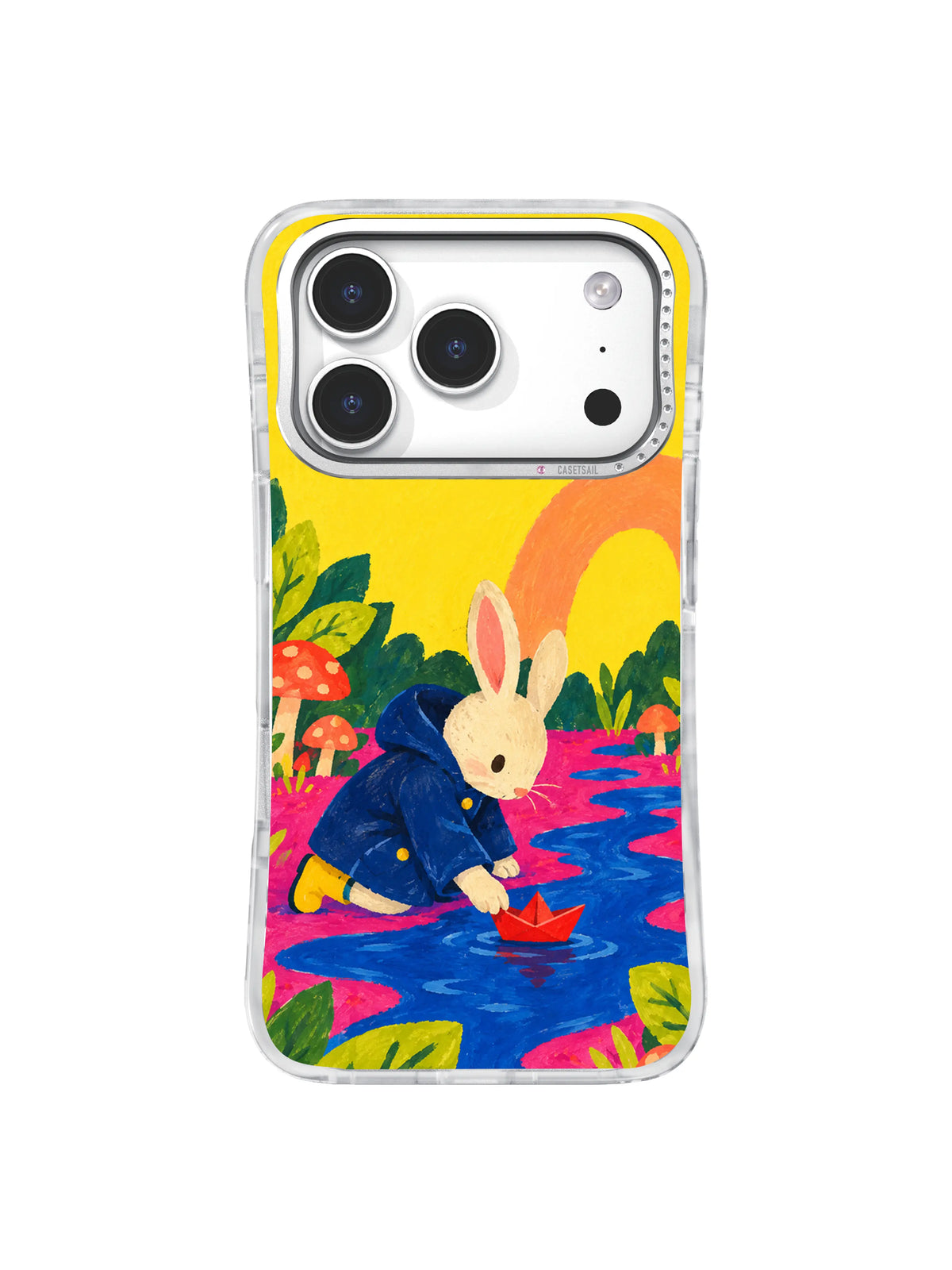 Little Boat After Rain rabbit beside a winding cobalt puddle iPhone case artwork