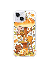 Croissant Tree Bakery: Cats bake beneath an oversized croissant canopy with bread shelves, utensils and small flowers.