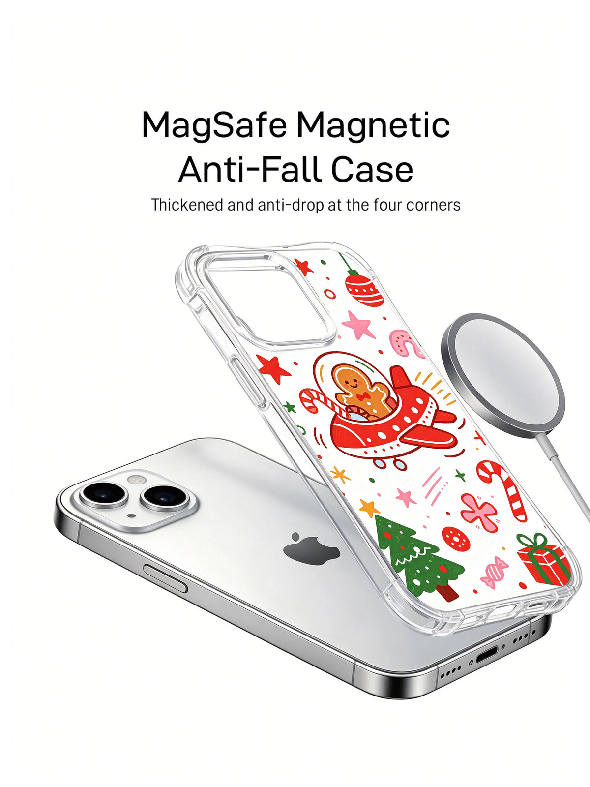 Little Christmas Dream World: A phone, separate illustrated case and round accessory in a product render.