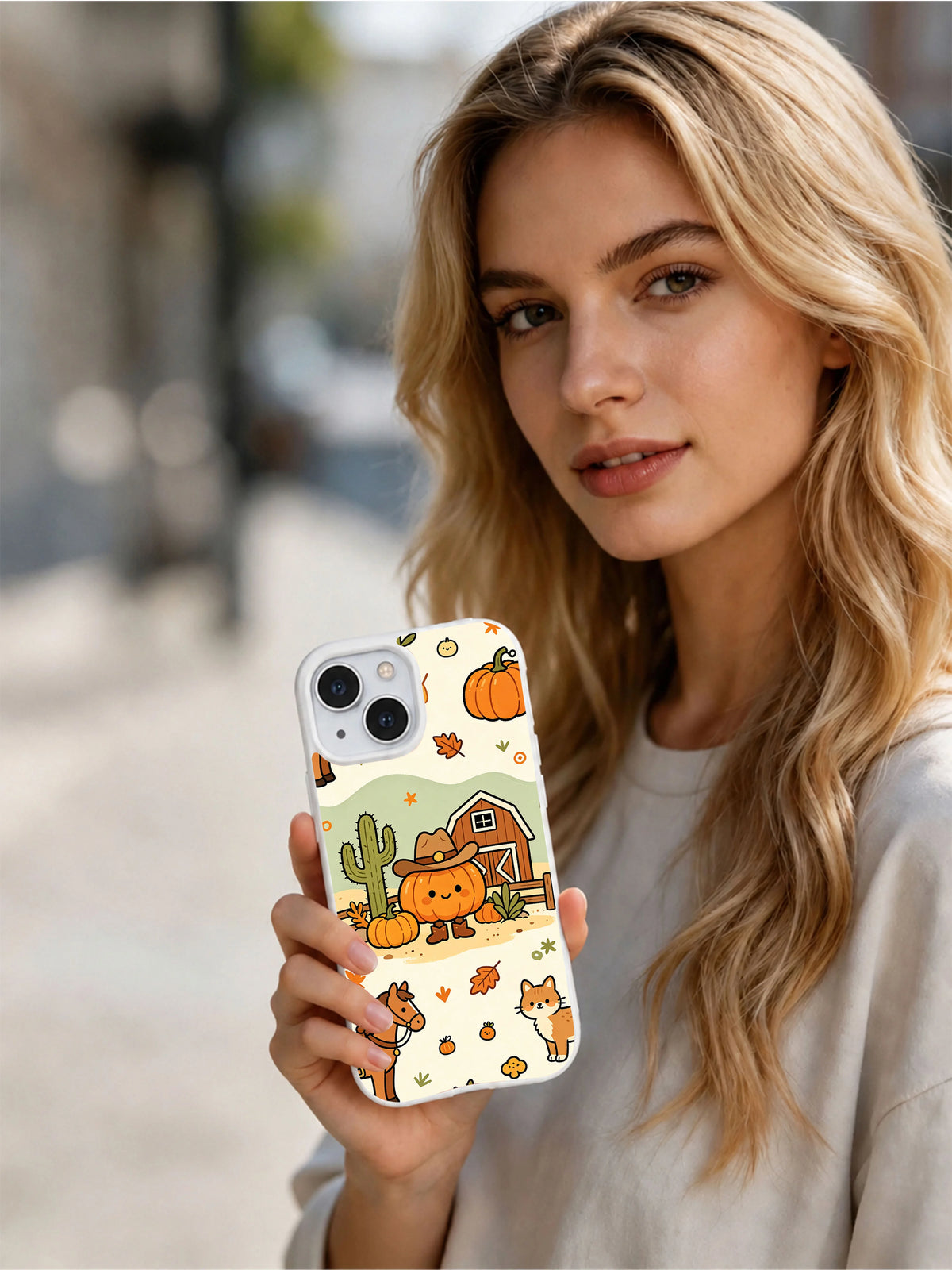 Woman holding Little Cowboy Pumpkin Ranch iPhone 14 case