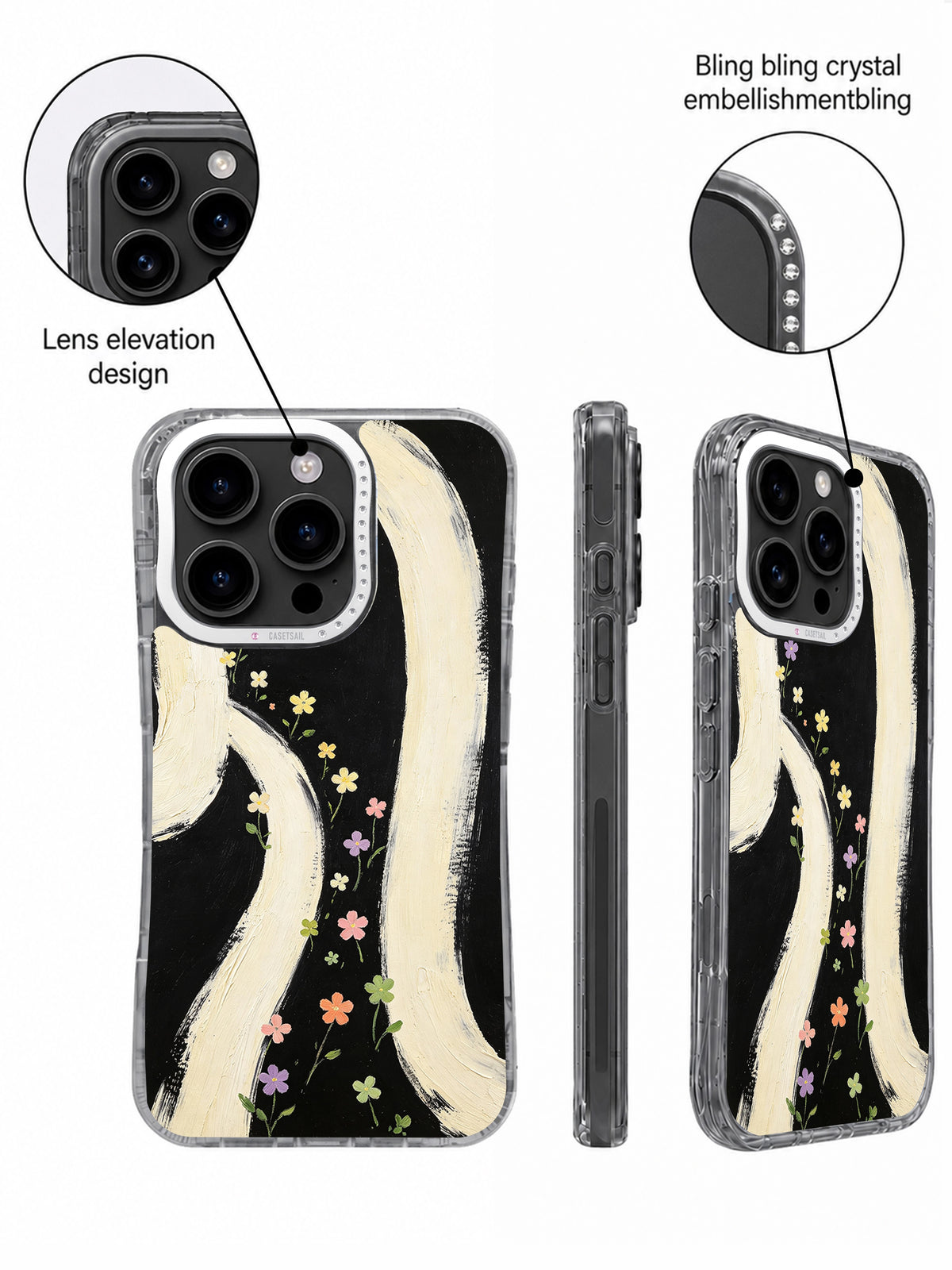 Rhinestone camera frame on black cream wildflower case