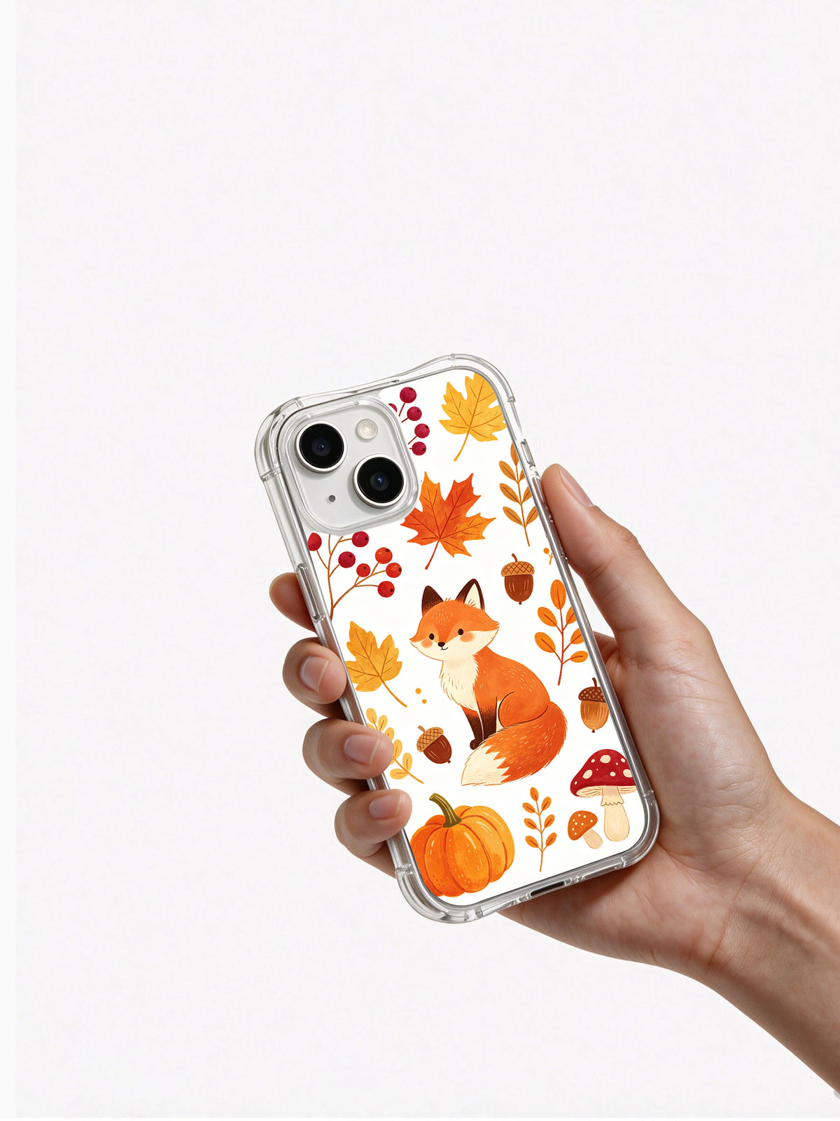 Little Fox Thanksgiving Garden iPhone 13 case held in hand
