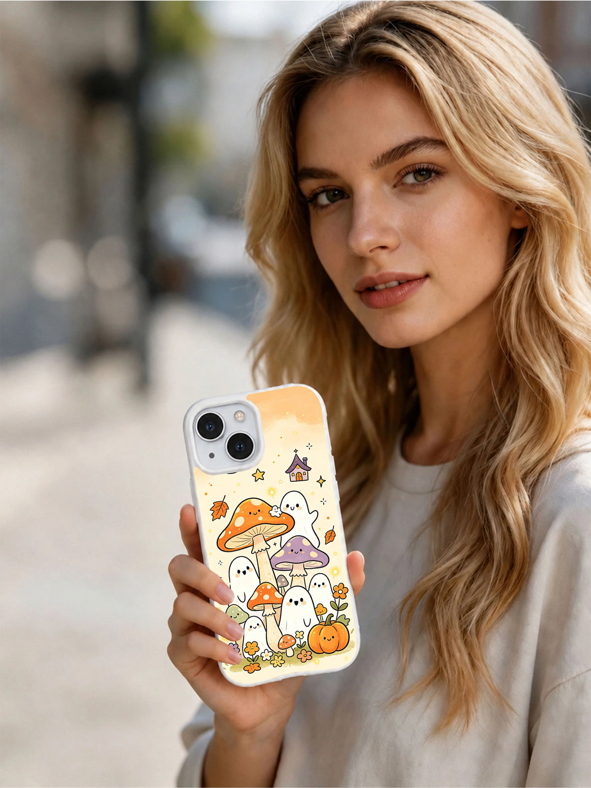 Model holding Little Ghost Mushroom Village iPhone 14 case