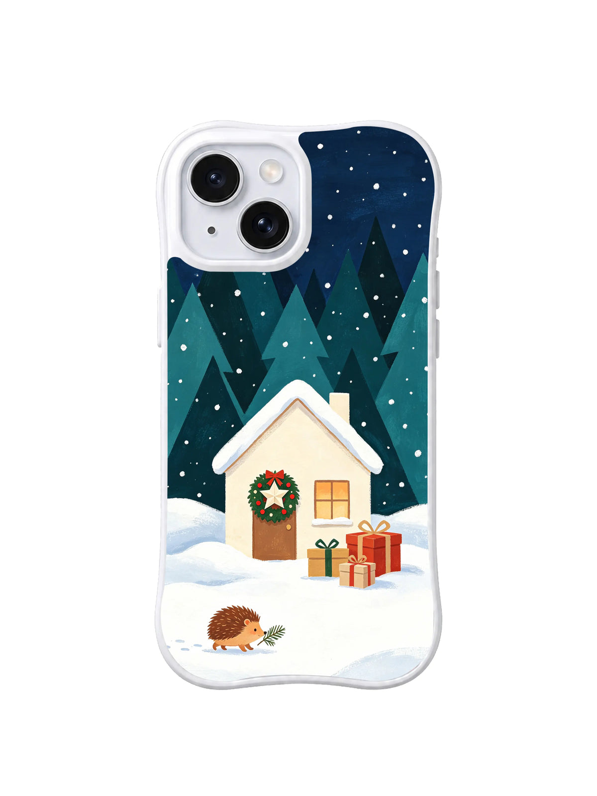 Snowy fir forest cottage with red Christmas parcels iPhone 14 case, pattern four