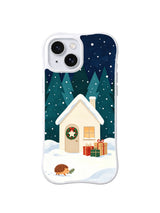 Midnight Christmas cottage and evergreen-carrying hedgehog iPhone 14 case, pattern five
