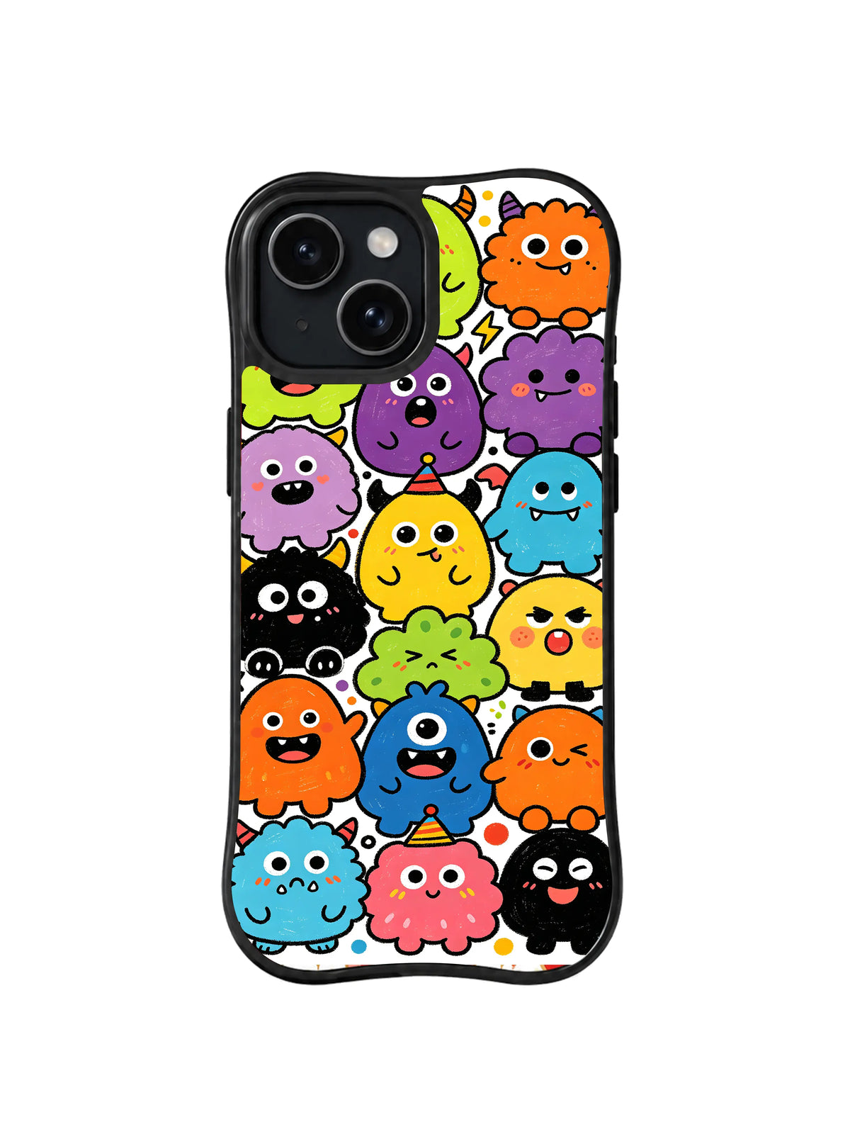 Friendship Spark Party: Rounded green, orange, purple, blue, yellow and pink monsters stack on black with small stars.