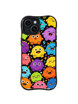 Monster Village Crowd: Colorful fuzzy and horned creatures overlap tightly on a black background.
