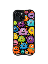 Courage Creature Carnival: One-eyed, horned and fuzzy creatures in bright colors mix with tiny stars and flowers on black.