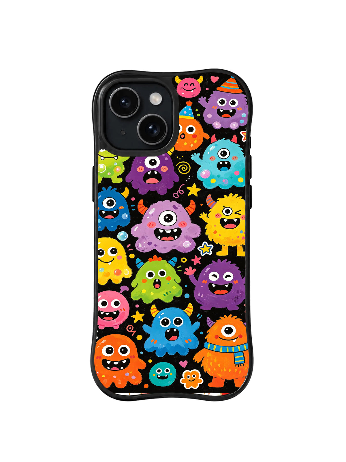 Courage Creature Carnival: One-eyed, horned and fuzzy creatures in bright colors mix with tiny stars and flowers on black.