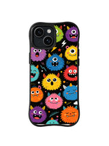 Lightning Joy Parade: Bright fuzzy monsters alternate with lightning bolts and stars on black.