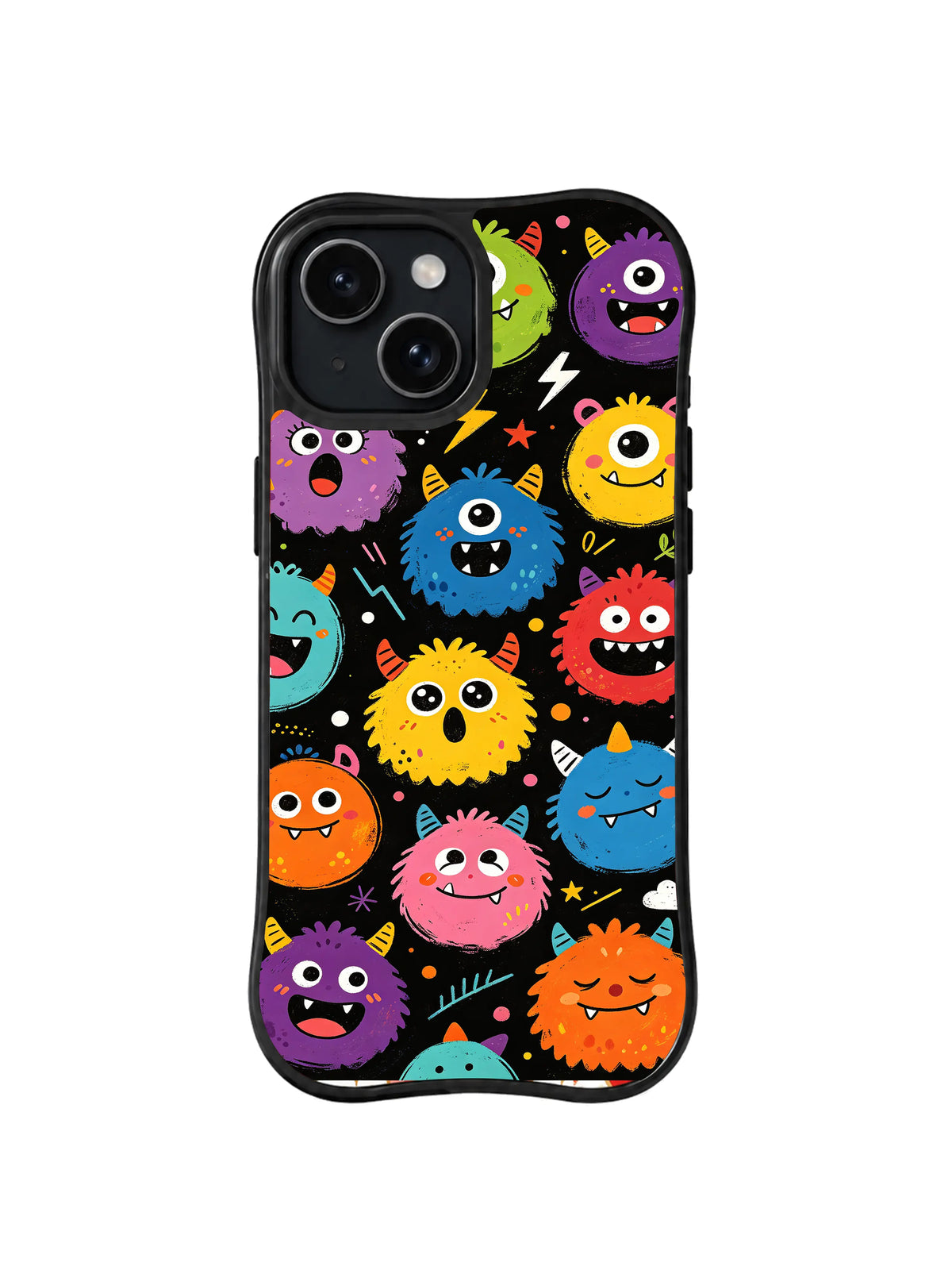 Lightning Joy Parade: Bright fuzzy monsters alternate with lightning bolts and stars on black.