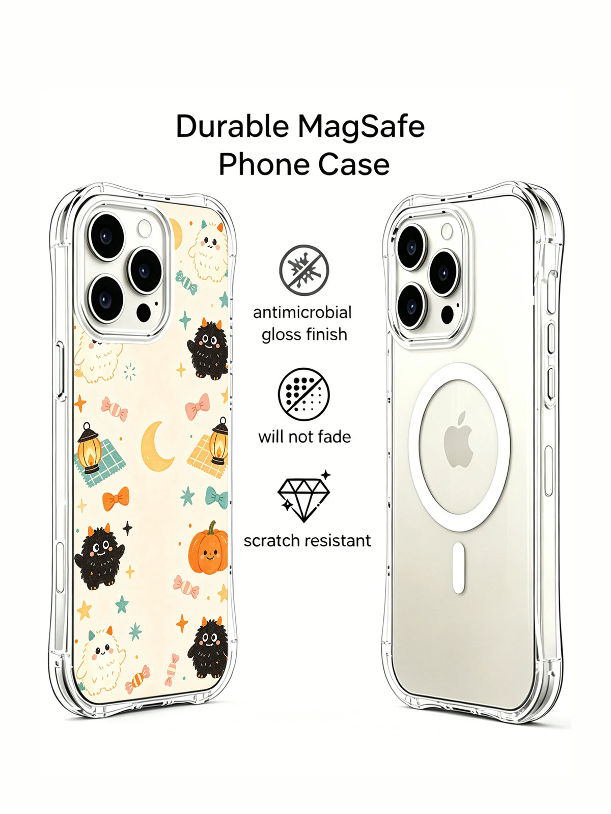 Little Monster Moon Picnic iPhone 14 Pro case front and clear back views