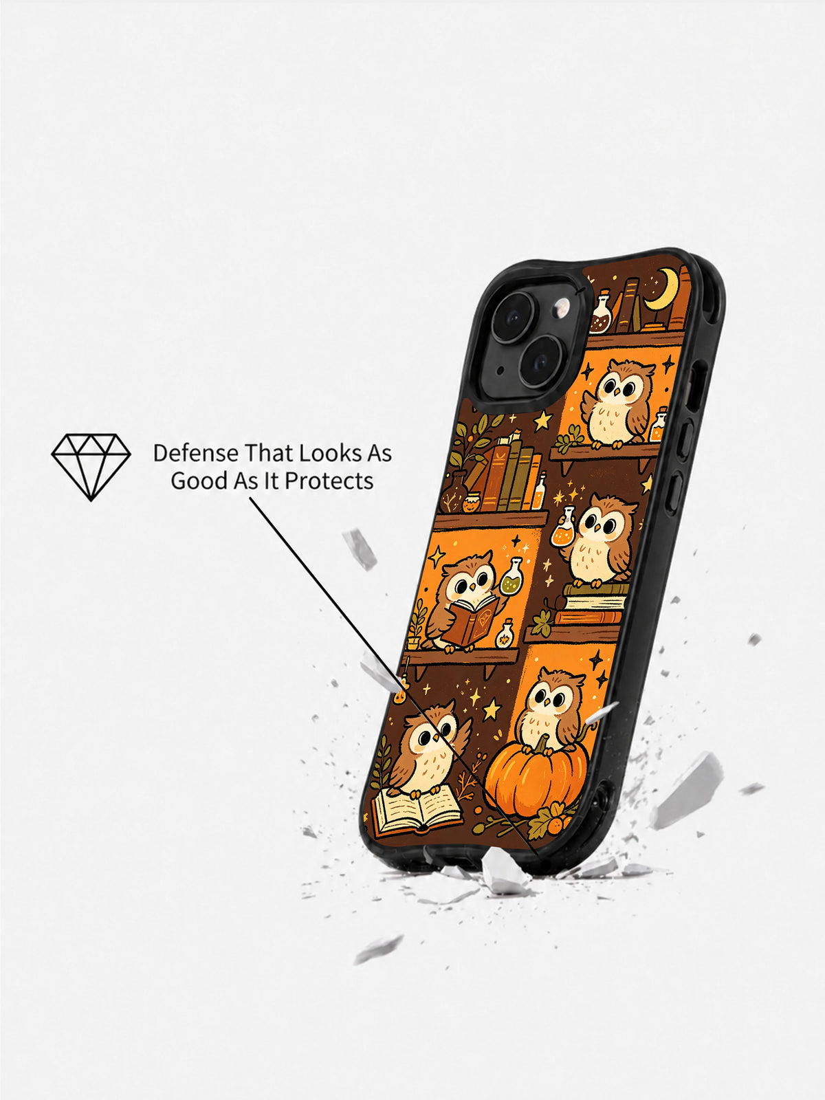 Little Owl Potion Shelves iPhone 14 case drop protection demonstration