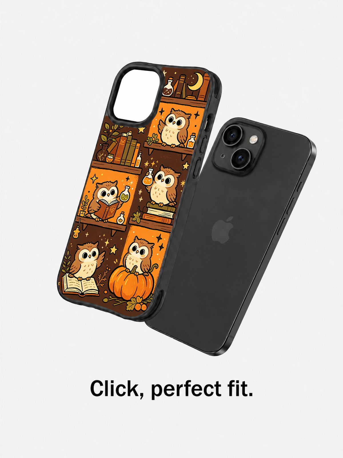Little Owl Potion Shelves iPhone 14 case fit demonstration