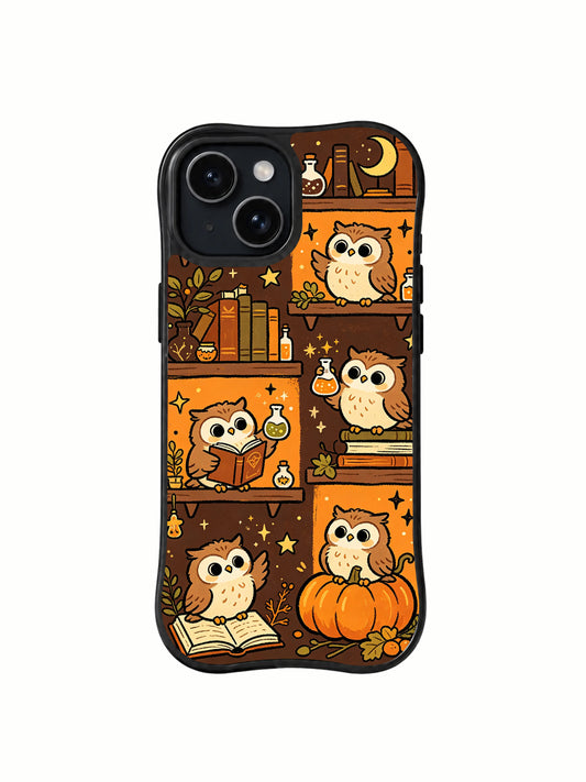Little Owl Potion Shelves iPhone 14 case front view with owls and books