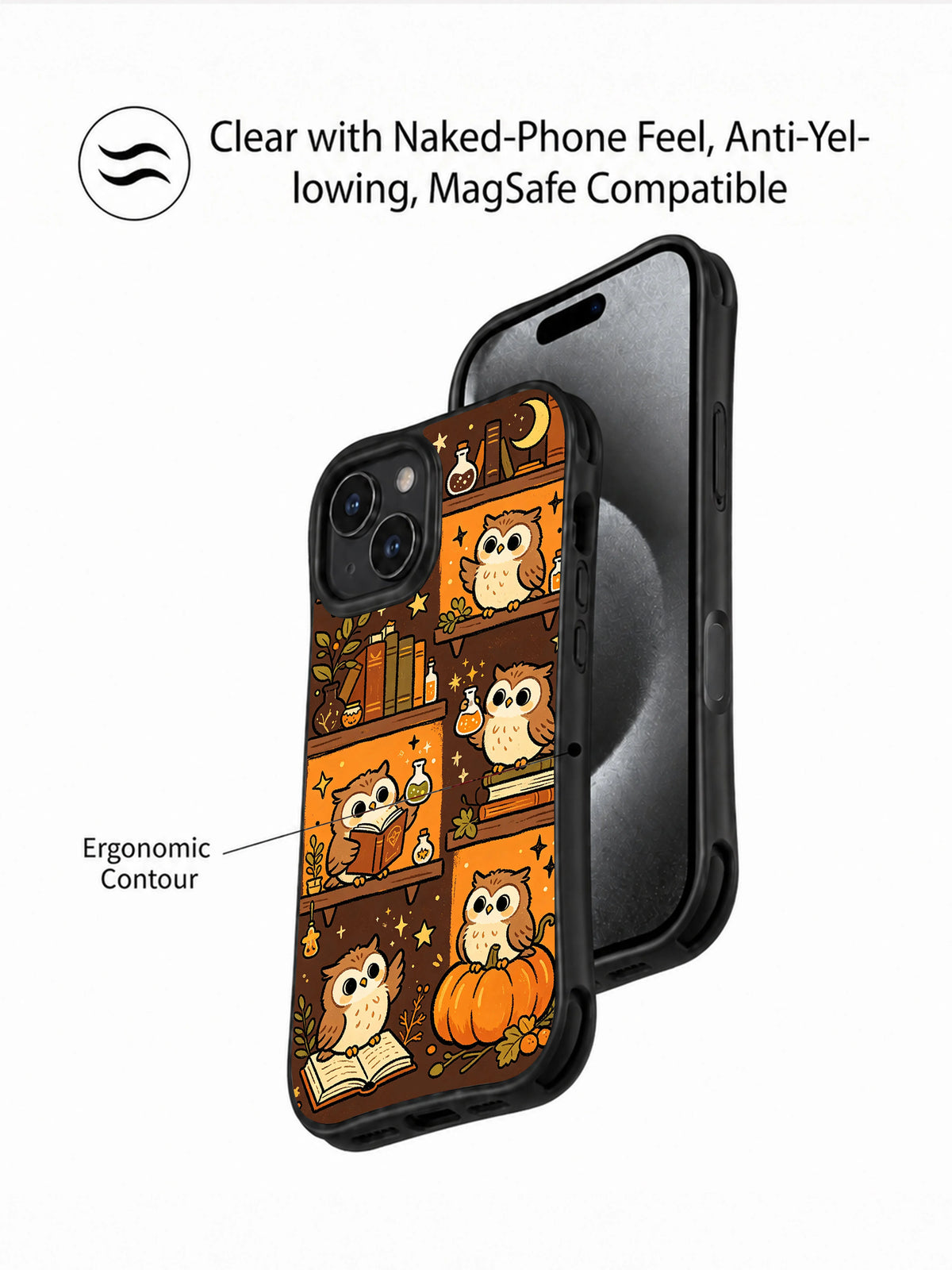 Little Owl Potion Shelves iPhone 14 case ergonomic grip view
