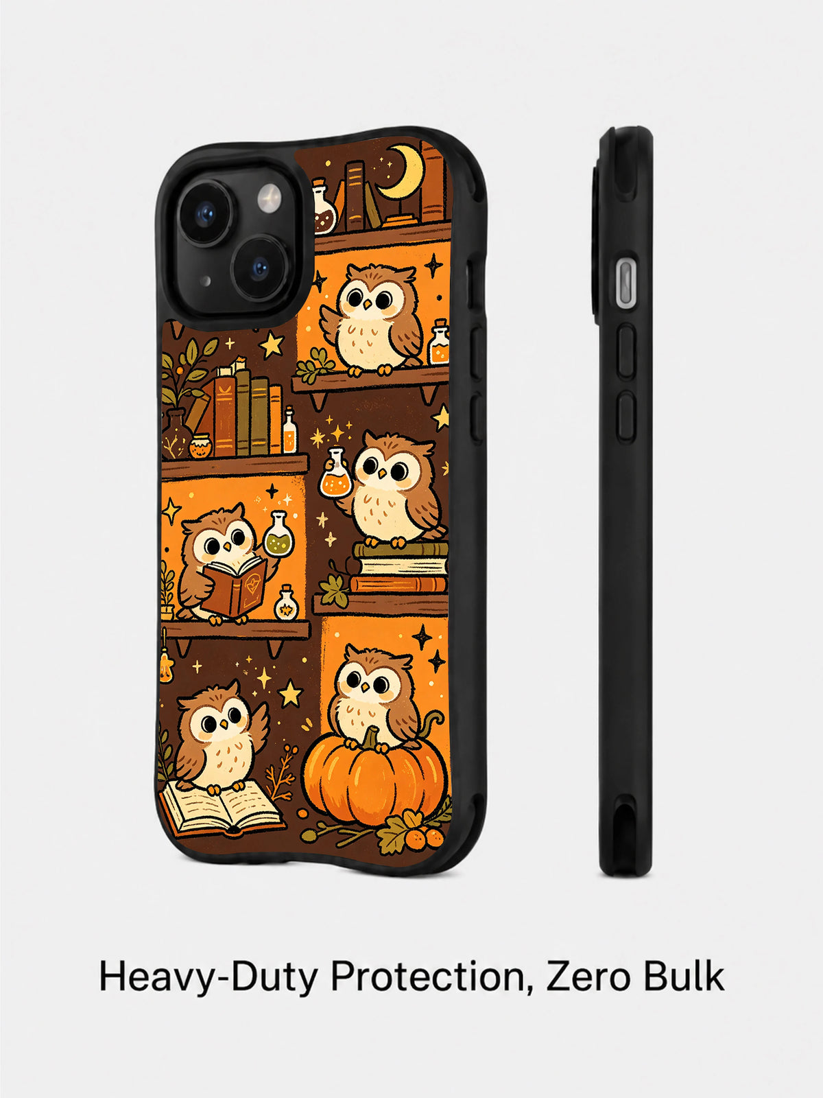 Little Owl Potion Shelves iPhone 14 case angled and side view