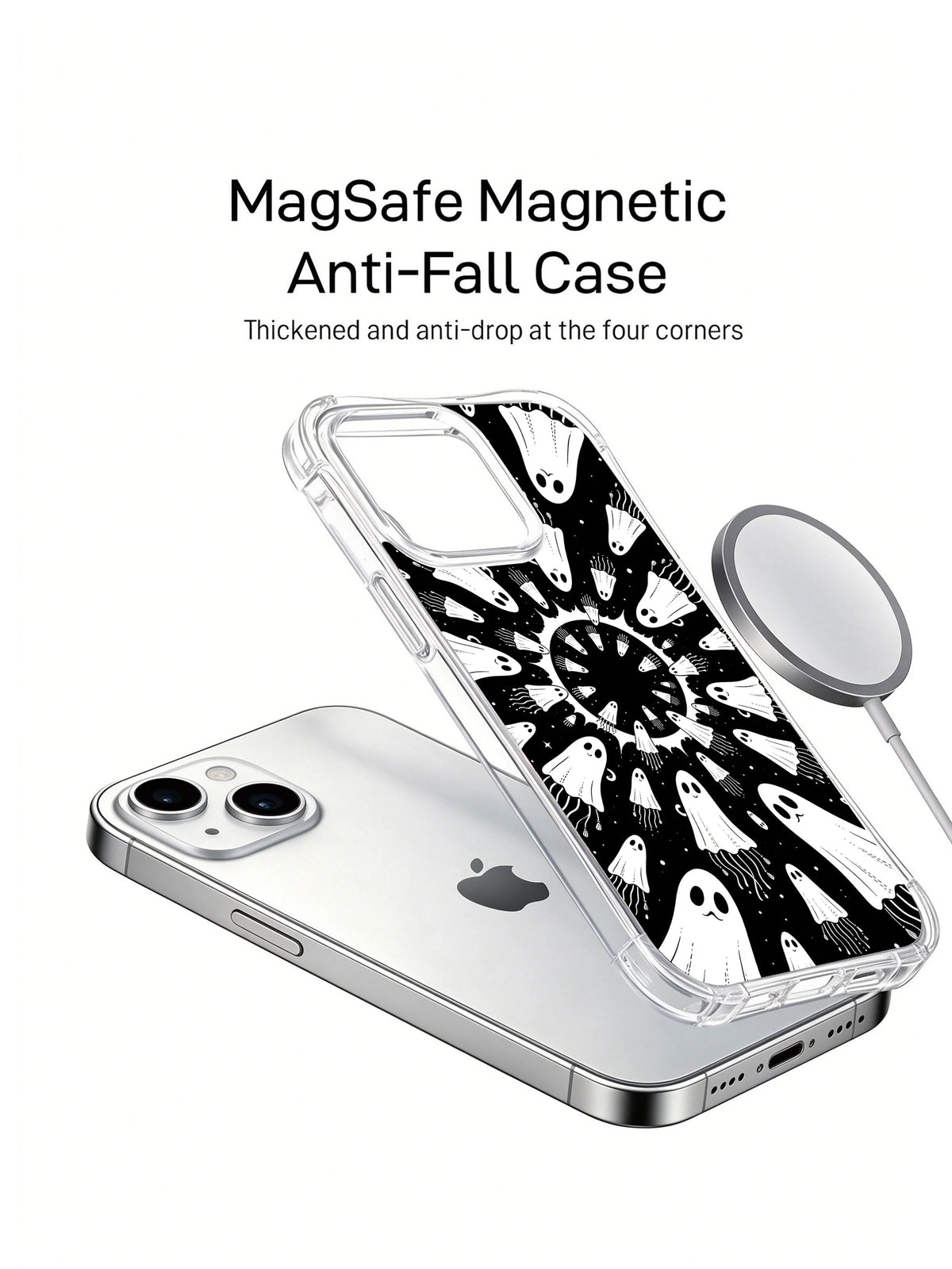 Little Phantoms of the Moonwell iPhone 15 Plus case in floating display